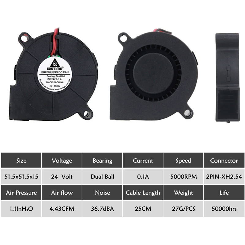 5Pcs Gdstime Brushless DC 24V 2Pin Turbo Blower 5015 50mmx15mm Ball Computer PC Cooling Fan