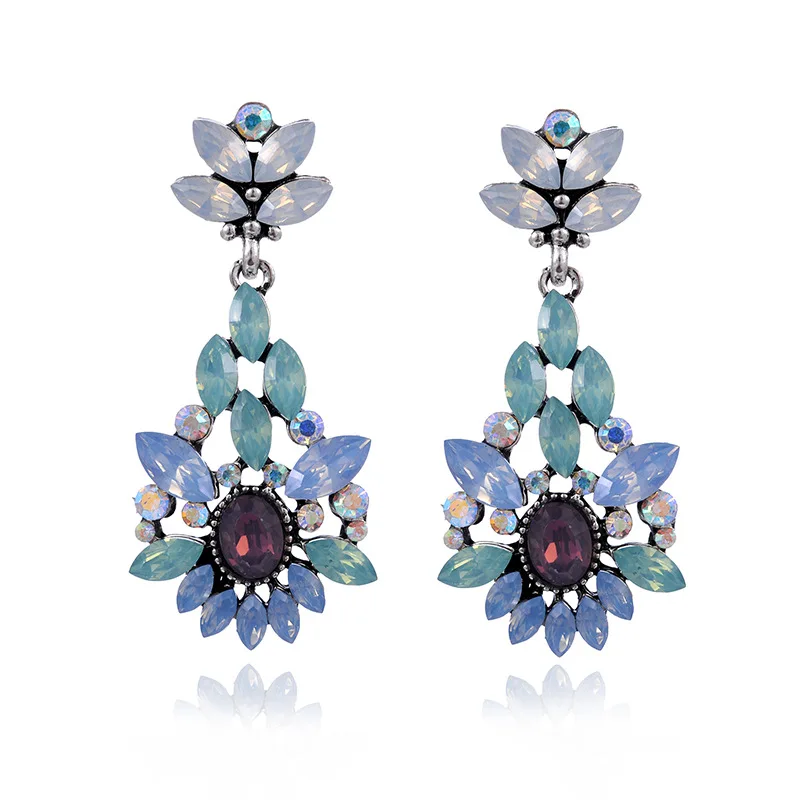 Elegant Blue Purple Crystal Stone Flower Pendant Dangle Earrings Women Rhinestone Acrylic Flower Girl\'s Gift Party Jewelry