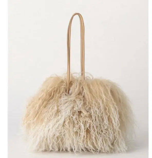 New Winter Bucket Real Fur Shoulder Bags Japan Beach Wool Cylinder Handbag Wool Plush Women Bag Crossbody Handbag purse