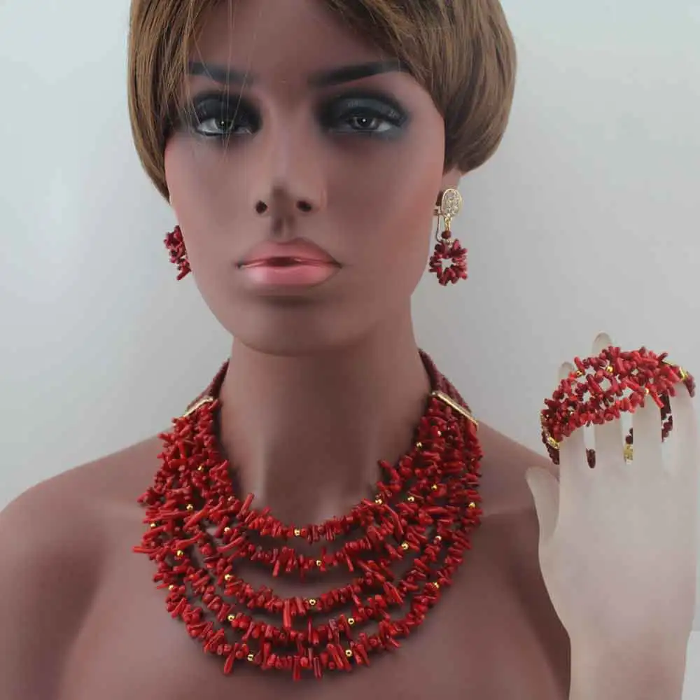 

New Nigerian Red Coral Beads Wedding Jewelry Set Indian Women Necklace Earrings Bracelet Jewelry Set New Free Shipping HD8871