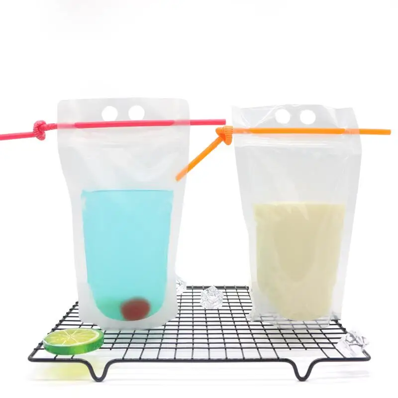 Clear Drink Pouches Bags frosted Zipper Stand-up Plastic Drinking Bag with straw with holder LX6469