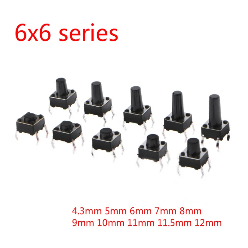 100PCS 4Pin 6*6 Micro Tact Push Button Switches DIP 6x6x4.3/5/6/7/8/9/10/11/12MM 4.3mm 5mm 6mm 7mm 8mm 9mm 10mm 12mm