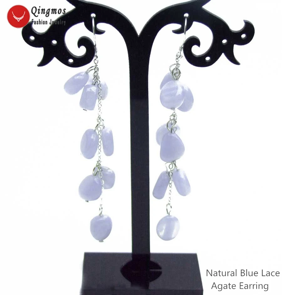 Fashion Natural Blue Lace Agates Stone Earrings for Women with Baroque 8-10mm Blue Lace Agates Dangle Earring Jewelry 3.5'' e744