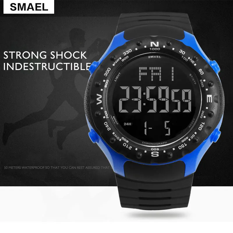 Sport Watch for Men 5Bar Waterproof SMAEL Watch Shock Resist Cool Big Men Watches Sport Military 1342 LED Digital Wrsitwatches