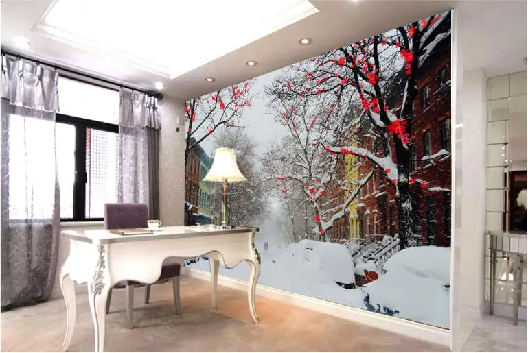 Cold winter plum snow street large murals 3D wallpaper living room bedroom 3D wallpaper painting TV background wall 3D wallpaper