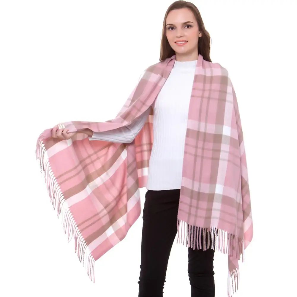 Cashmere Scarf Winter Lady Stylish Shawl Check Plaid Autumn Wrap Pashmina Fine Brushed Long Large Thick Tartan Tassel Hijab Pink