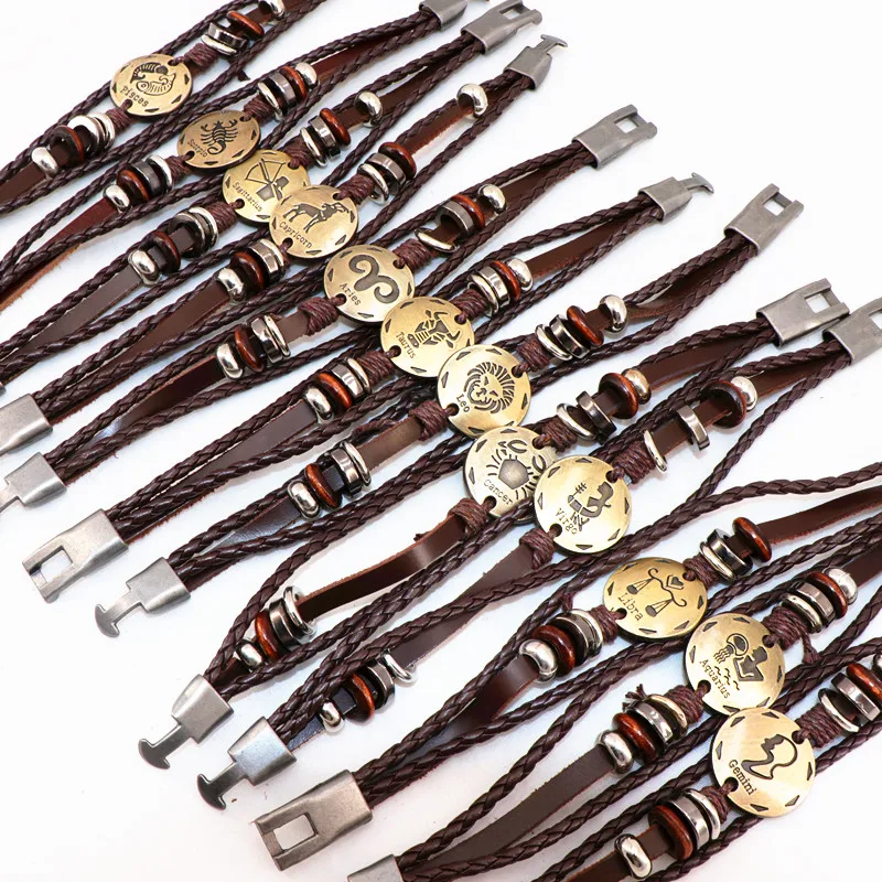 Wholesale 36pcs/lot Twelve Constellations Leather Bracelet Retro Brown MultiLayer Buckle Punk Woven Zodiac Bangle For Men Wome