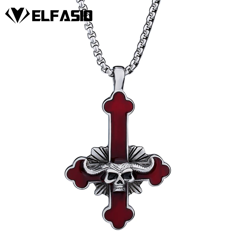 Elfasio Men's Bloody red Black The devil's Cross Retro Stainless Steel Pendant Necklace Chain Jewelry