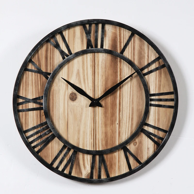 Large Vintage Design Wall Clock Watch Wrought 16 Inch Wood Metal Wooden Industrial Iron Retro Clock Saat Classic Horloge murale