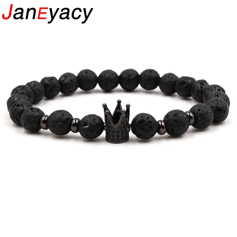 Janeyacy 2018 Hot Trendy Lava Stone Pave CZ Imperial Crown Charm Bracelet For Men Or Women Bracelet Jewelry Pulseira hombres