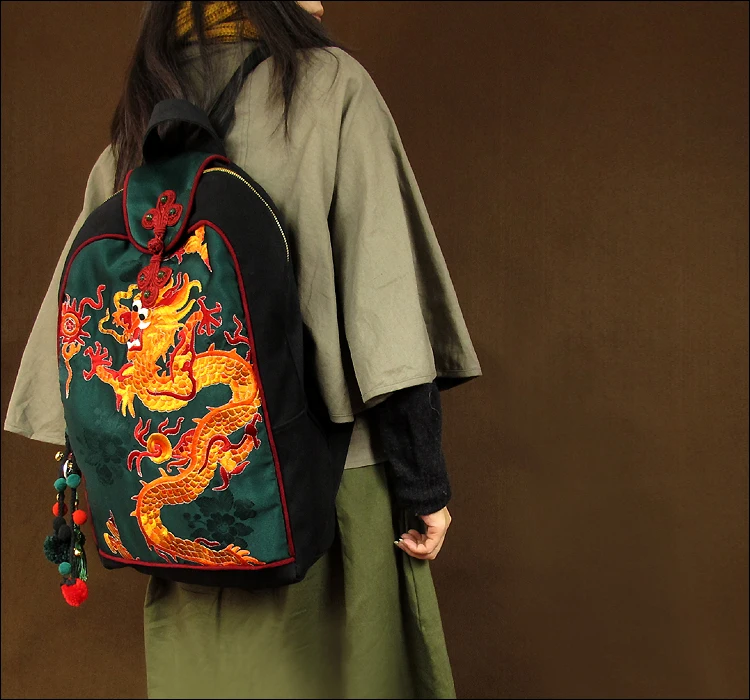 Dragon Embroidery women\'s shoulder bag Vintage Fashion unisex Backpack Canvas travel Backpack Hot Ethnic backpack