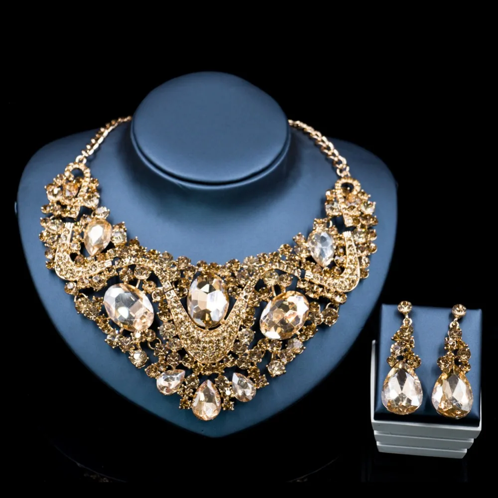 Lan palace costume jewelry necklace sets gold color dubai Rhinestone necklace and earrings for wedding six colors free shipping