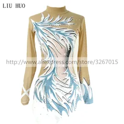 LIUHUO Customize Women Rhythmic Gymnastics Leotards Girls Performance Suit Artistic Dress Long Sleeve Blue White Stripes Kids