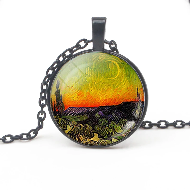 Vintage Van Gogh Oil Painting Pendant Necklace Moon Night Street Landscape Pattern Sunflower Necklace Men Women Handmade Trinket