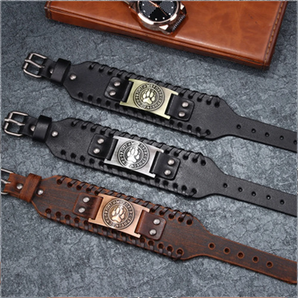 Viking Bracelets Wolf Claws Braided Leather Bracelets for men Nordic Runes Bear Paw Handmade Wristbands Odin Symbol