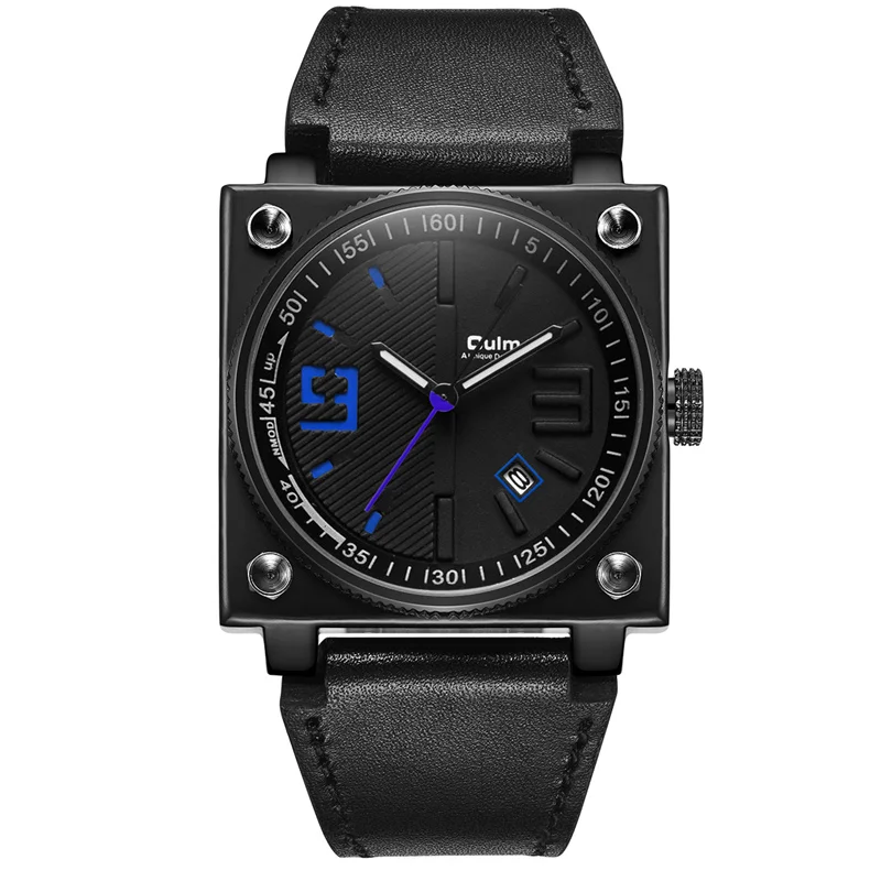 Oulm New Fashion Men\'s Watches Square Dial Genuine Leather Strap Watch Male Clock Waterproof Military Wristwatch