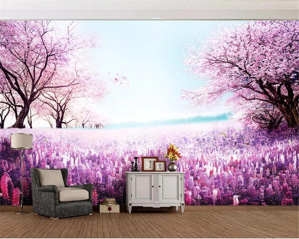 

beibehang Custom wallpaper mural Purple romantic lavender cherry tree TV background wall decorative painting 3d wallpaper behang