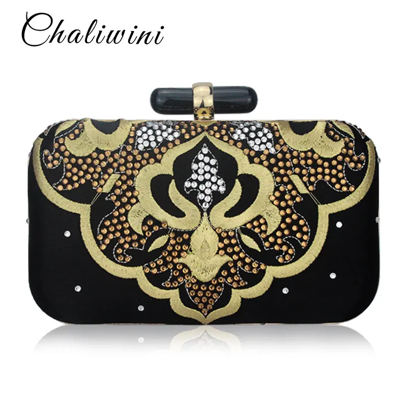 Vintage Chinese Style Gold Embroidery Floral Handbag Chain Shoulder Bag Ethnic Bags Evening Clutch Bags Party Pochette Purse