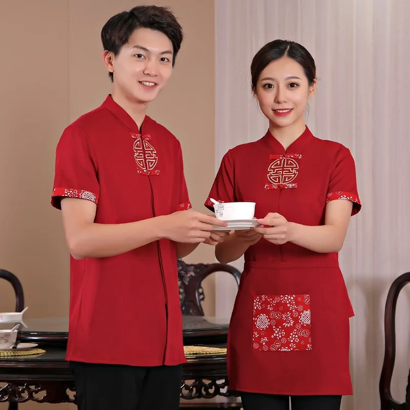 โรงแรม Workwear หญิง Waitress ร้านหม้อร้อนแขนสั้น Breathable Uniform ร้านอาหารจีน Catering เสื้อ Overalls H2199