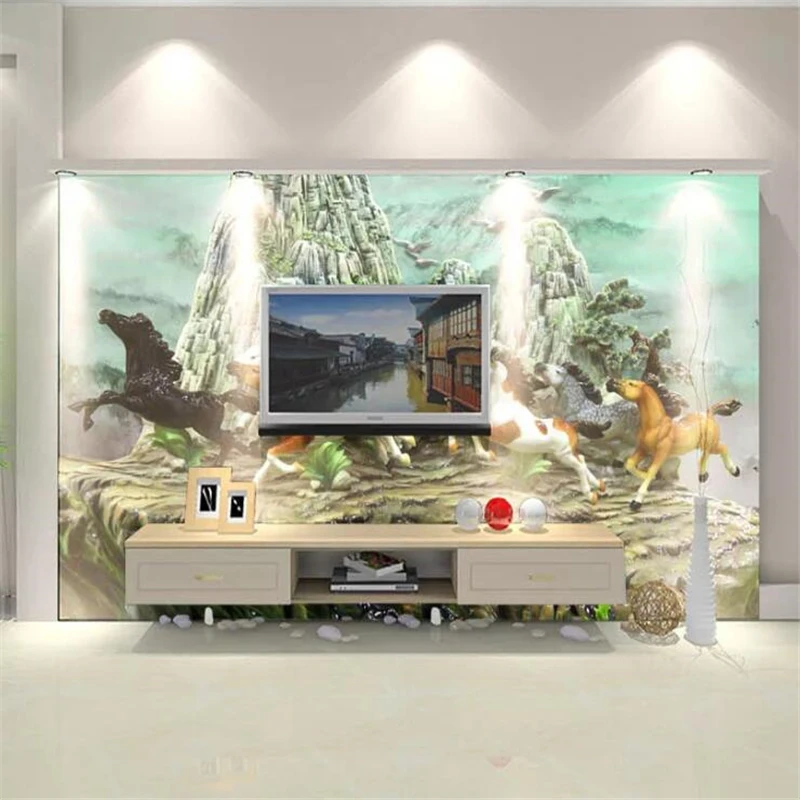 Custom wallpaper 3d murals innovative Chinese embossed the best marble eight horse figure papier peint 3D background wall paper