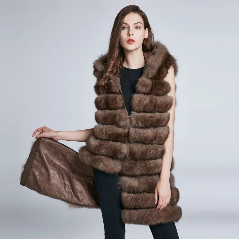 Manteau long en cuir avec col en fourrure naturelle pour femme, fourrure de renard, peut changer de longueur, chapeau, nouvelle mode à rayures, hiver, 2024