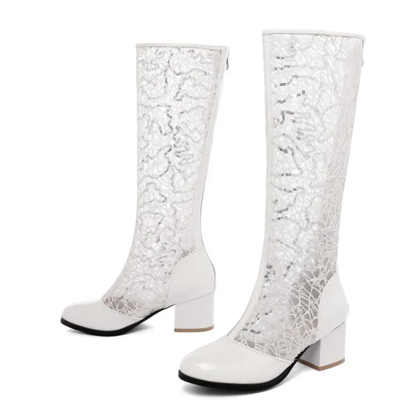 Summer New pattern fashion Round head Sequins Lace Mesh surface High-heeled High cylinder Cool boots white Lace Women sandals