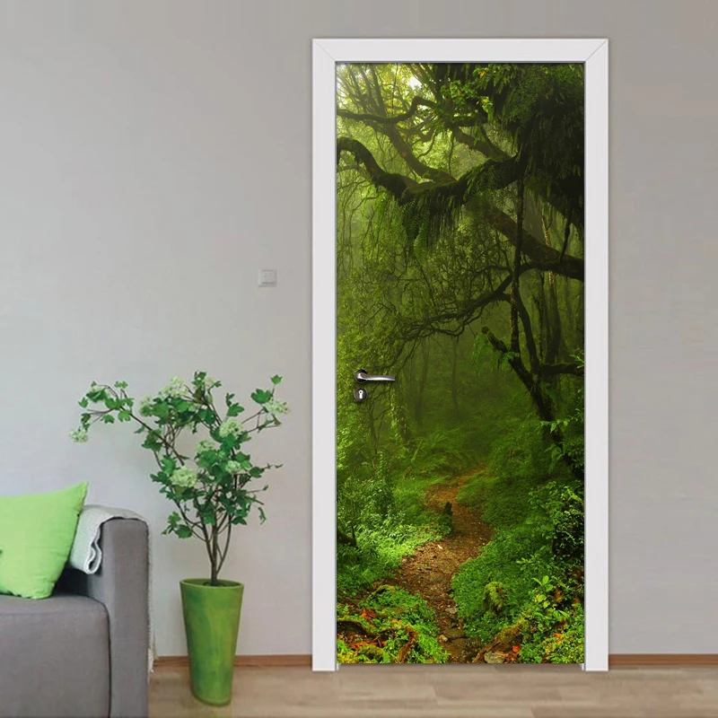 3D Door Mural Green Forest Door Sticker DIY Self-adhesive Waterproof Wallpaper Poster Living Room Home Decoration Wall Decals 