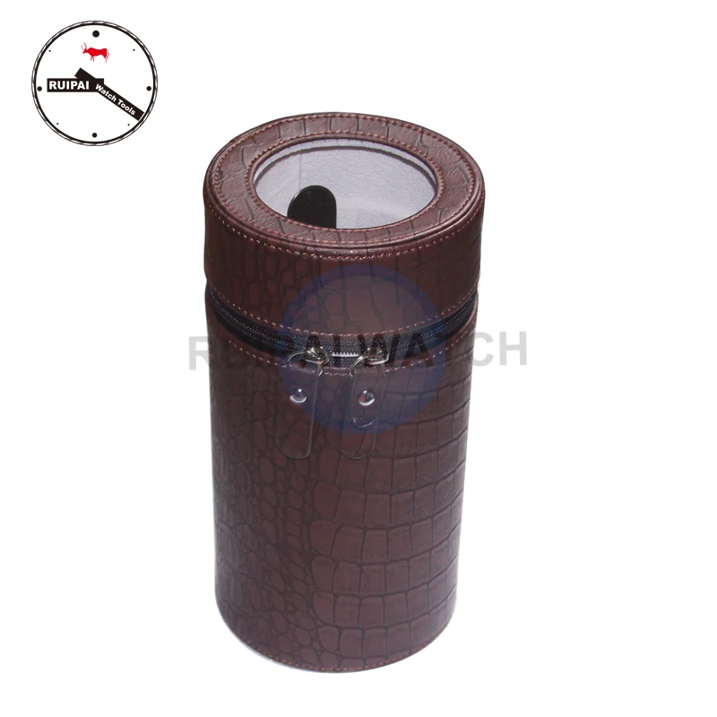 Brown PU Leather 3 Modes Automatic Self  Winding Box,Watch Storage Tools Round Type Portable Watch Winder