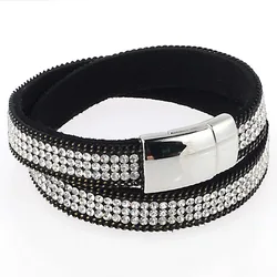 Miasol Rhinestone Crystal Bling Double Wrap Bracelets Suede Leather Wrap Magnetic Bracelet Wrist Strap Crystal Chokers For Women