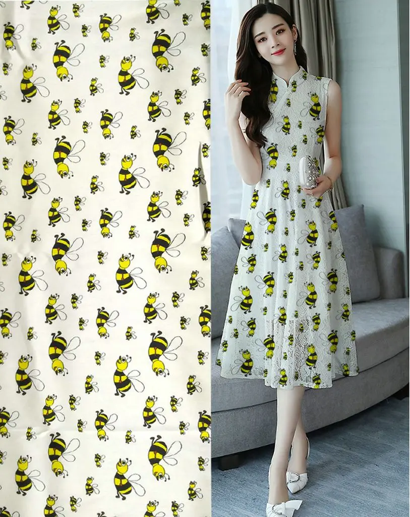 Free 2021 Woven 97% Mulberry Silk Fabric Sewing Material For Blouse Dress Yellow Honeybee Print Super Silk Strech Fabric Telas