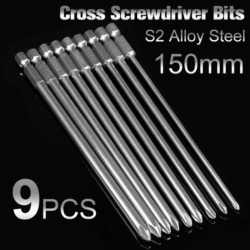 HOEN 9pcs 150mm Long Hex Screwdriver Screw Magnetic Cross Philips Screwdriver Bit Set 1/4 Inch 6.35mm Shank S2 Alloy Steel