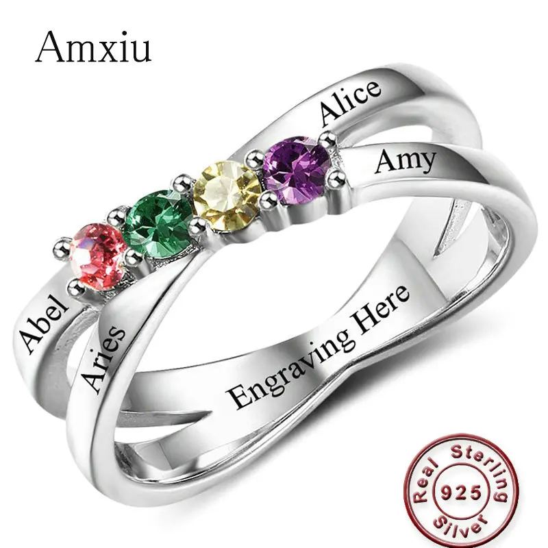 

Amxiu Personalized Name Ring 100% 925 Sterling Silver Ring with Birthstones Custom Four Names Rings For Women Mom Accessories