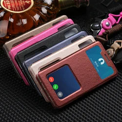 Business Double View Window Flip PU Leather Case For Xiaomi Redmi Note 5 7 Pro 7A 8 8A 4X 5X 6X Mi 10T Pro Lanyard Buckle Case