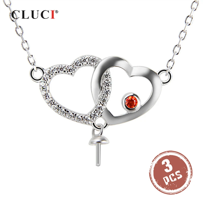 

CLUCI 3pcs Silver 925 Double Love Heart Pendant Necklace Women 925 Sterling Silver Pendant Necklace Valentine Day Gift SN037SB