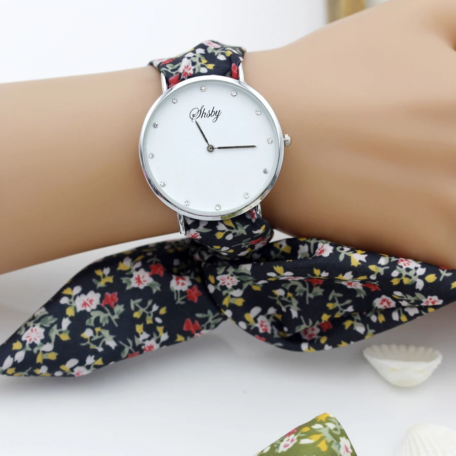 shsby brand Lady flower cloth wristwatch rhinestone silver women dress watch high quality fabric watch sweet girl Bracelet watch