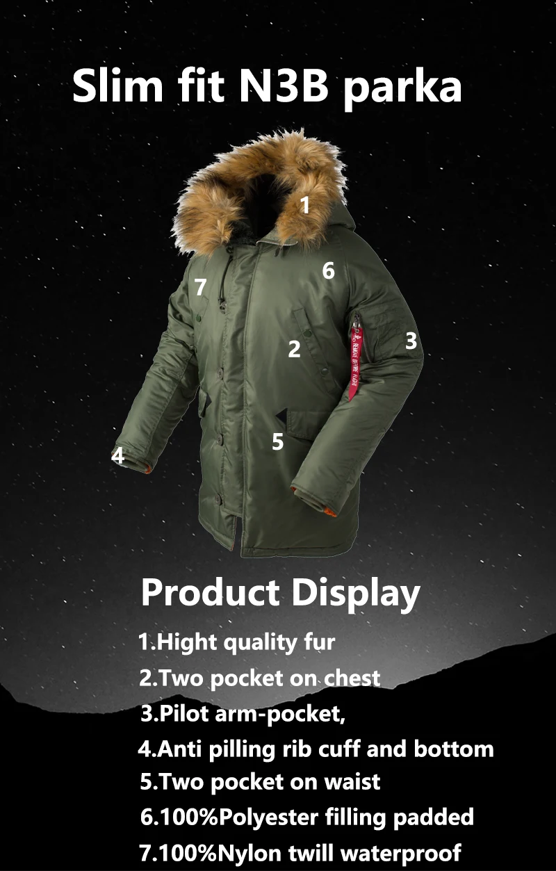 2024 Winter N3B USAF Waterproof Puffer Long Coat Military Fur Hood Warm Tactical Parka Army Thick US Air Force Parka for Men