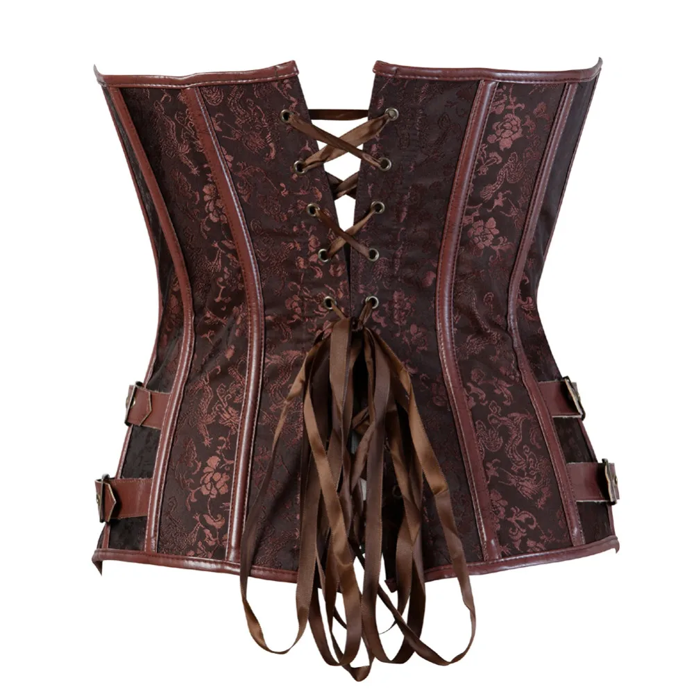 Steampunk 코르셋 Brown Black Steel Bone Overbust 코르셋 Dobby Corselets 섹시한 허리 슬림 Bustiers 허리 Cincher S-6XL