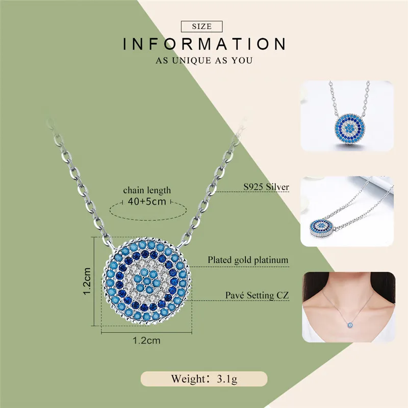 WOSTU Genuine S925 Sterling Silver Geometry Round Chic Blue Eye Pendent & Necklace For Women Trendy Jewelry Accessories CQN099