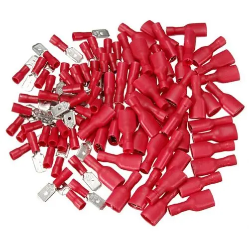 Bộ 100 Hoàn Toàn Nữ & Nam Spade Thiết Bị Đầu Cuối Lọn Uốn Cổng Kết Nối Đỏ 22-16AWG