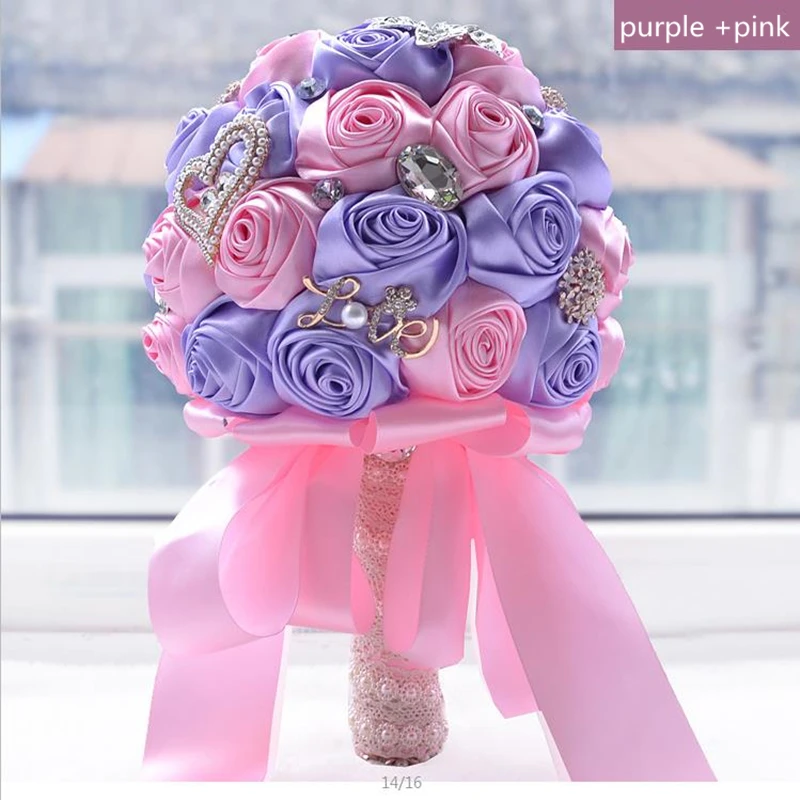 Hot selling purple +pink silk rose wedding bouquets wedding flower bridal bouquets for wedding