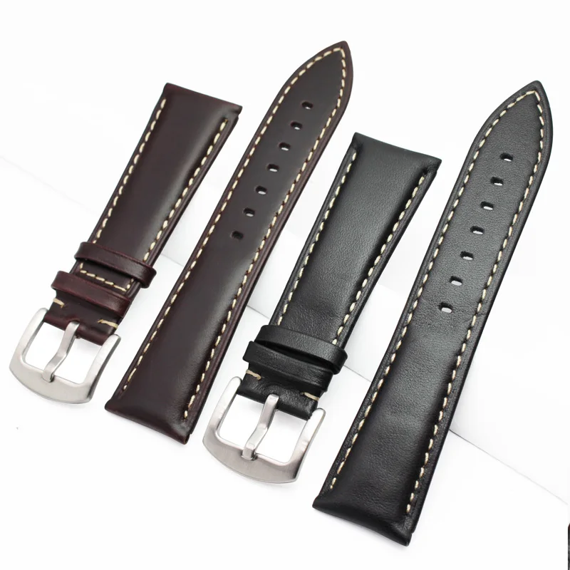 Retro Genuine Leather Watchbands Men 22mm 24mm Watch Band Strap Stainless Steel Brushed Buckle Accessories