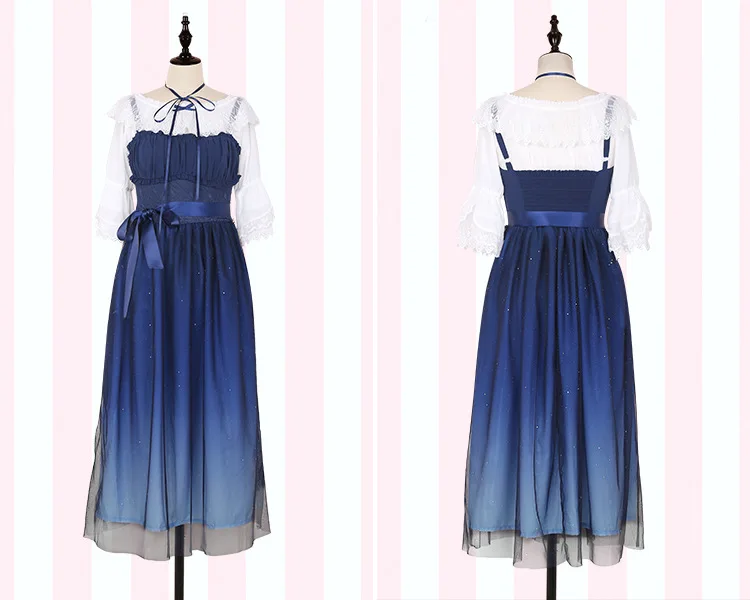 JSK – robe Lolita plissée et froncée en dentelle pour filles, avec ensemble chemise, étoiles brillantes, dégradé, bleu, couleur unie