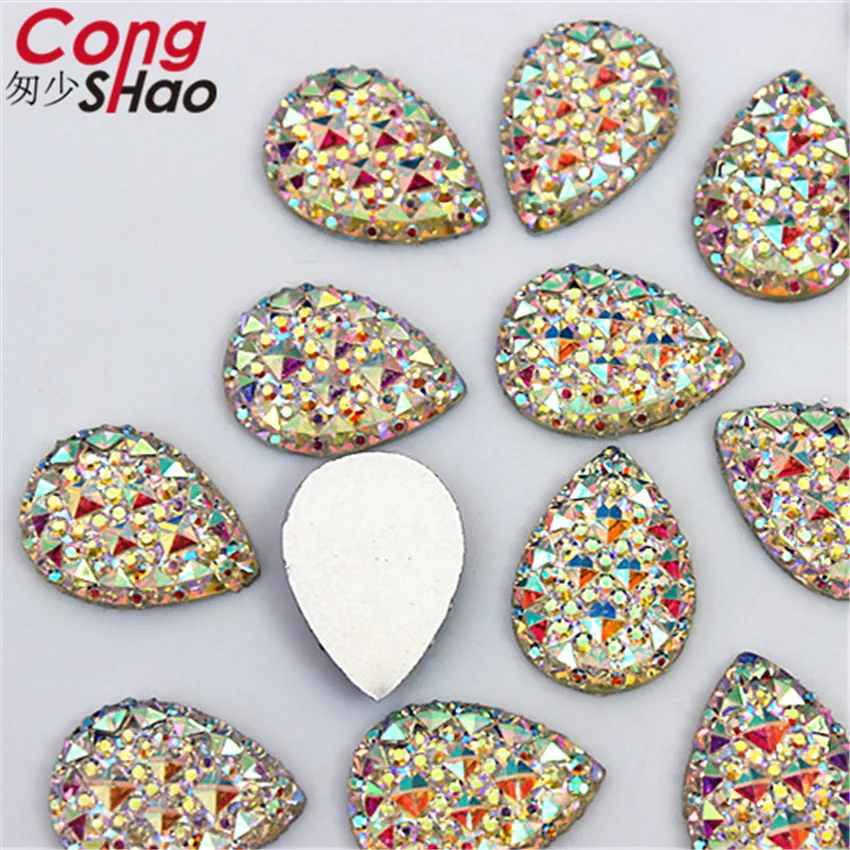 Cong Shao 100pcs 10*14/13*18mm AB Color Drop Stone And Crystals Flatback Resin Rhinestone Trim Wedding Dress Button Crafts YB31