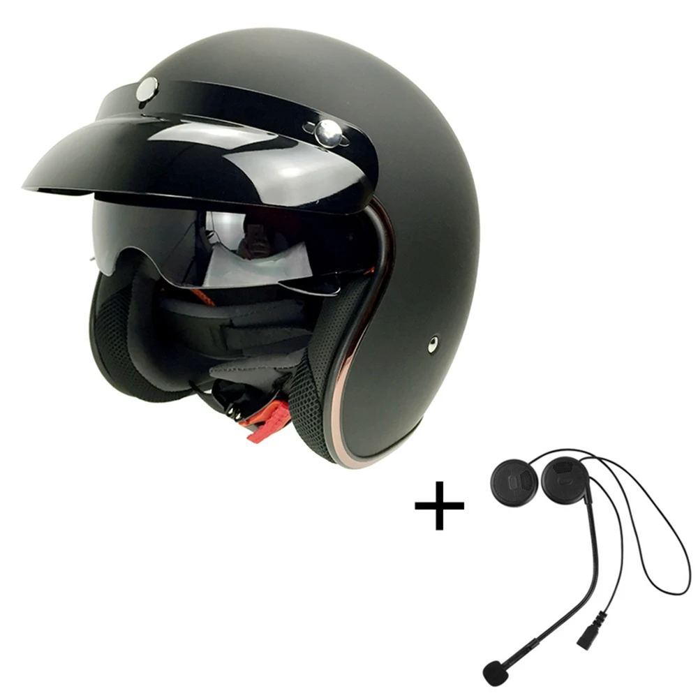 Motorcycle Open Face Retro Helmet Motorbike 3/4 Curiser Chopper Vintage Helmets Bluetooth Headset Built-In