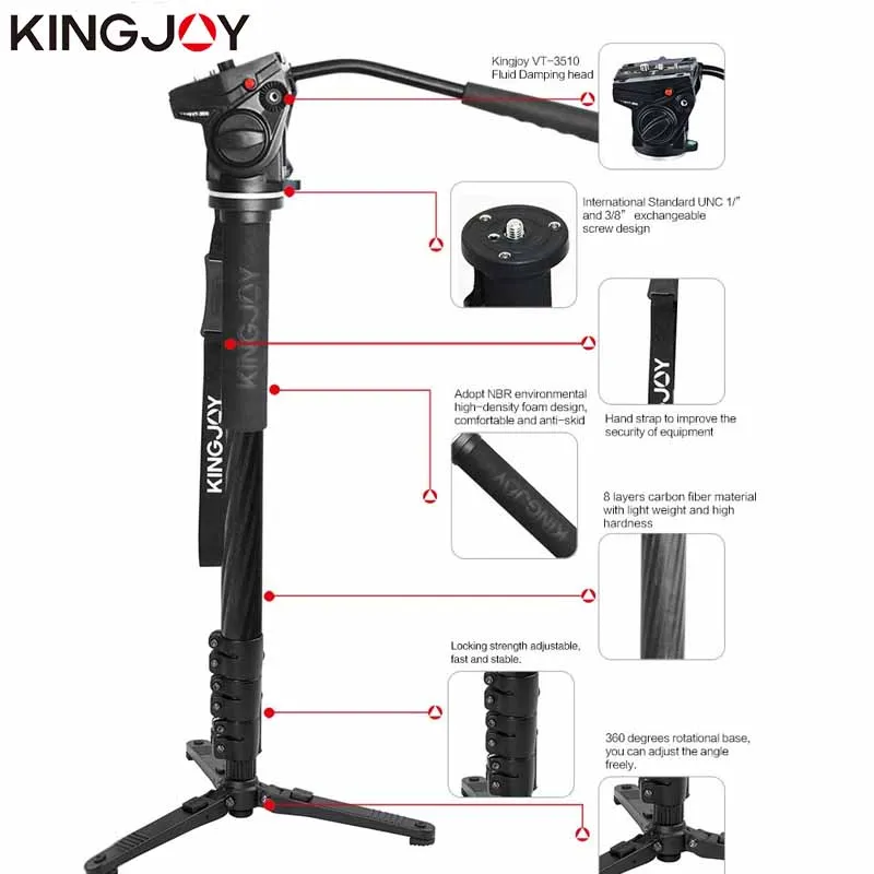 Kingjoy-Professional Dslr monopé Conjunto com Base, Liga de Alumínio, Vídeo Câmeras Tripé Stand, filmadoras, Canon, Sony, Nikon, GoPro