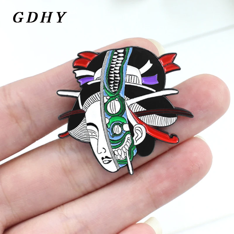 GDHY Fashion Japanese Geisha Wear Masks Brooch Japan Skeleton mask Horror Demon woman Enamel pins For Woman Jewelry Gifts Spille