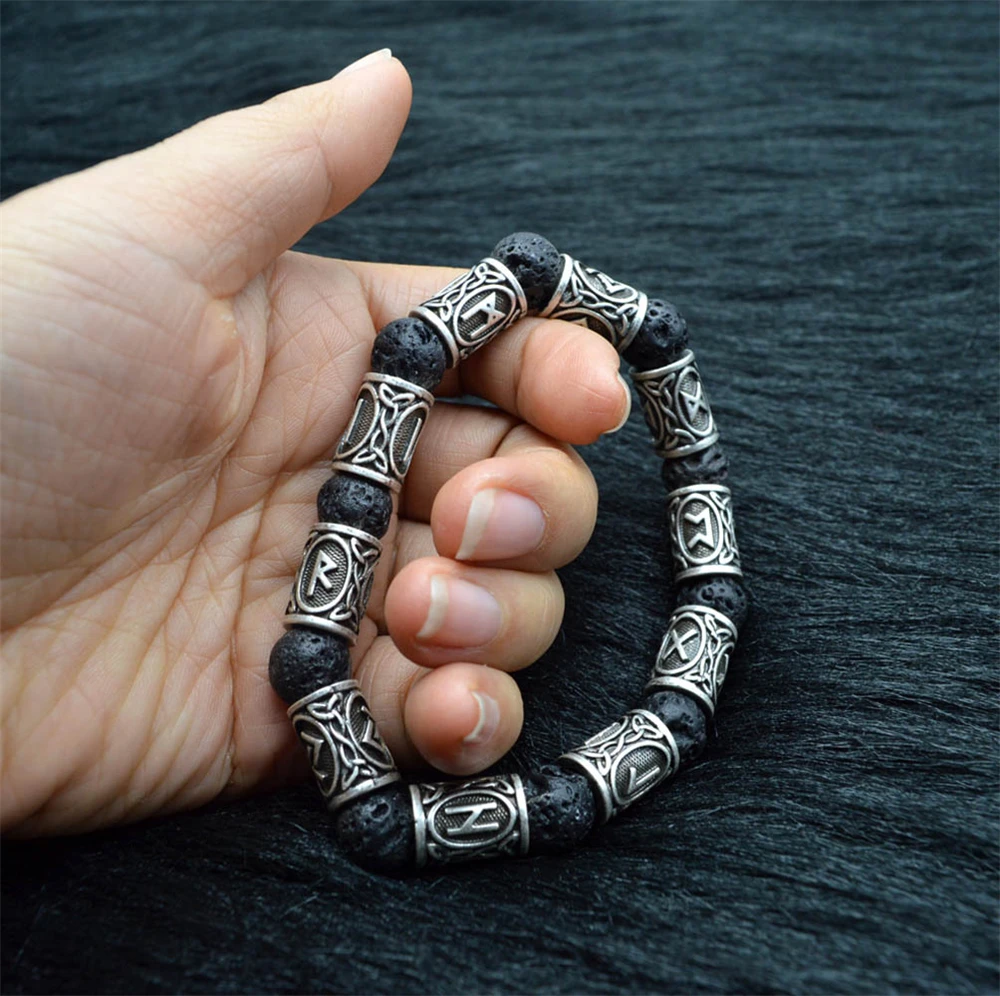 Natural Black Bracelet Trendy Retro Alloy Viking rune Lava stone Beads Bracelet For Men Women Bangle Jewelry Personality Gift