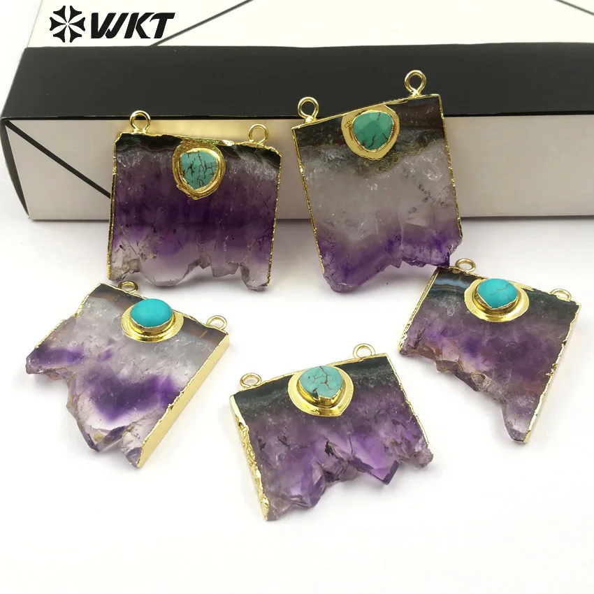 WT-P281 New Arrival Natural Slice Stone Pendants With Gold Metal Electroplated Edged Charm Double Hoops For Necklace Making