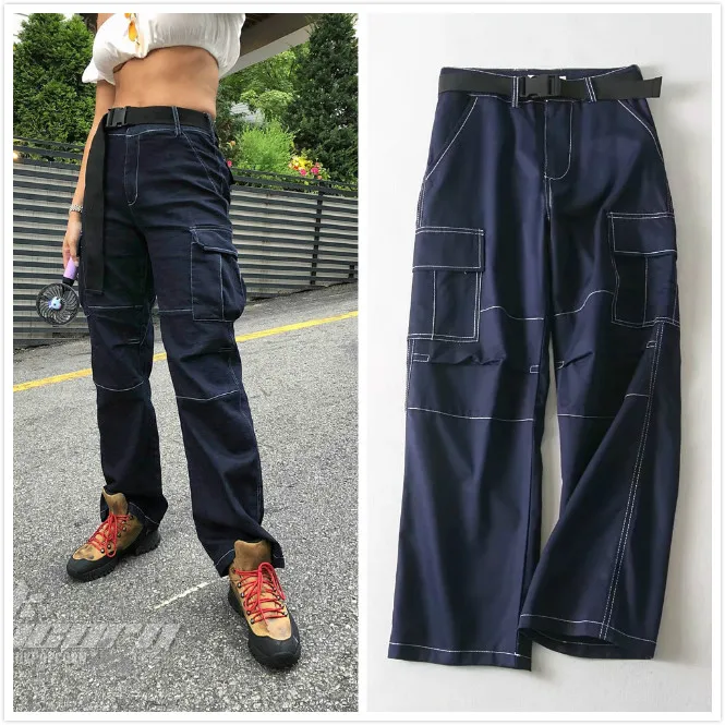 Vintage Wide Leg Jeans Big Pocket Loose Washed High Waist Denim Pants 2019 Women Cargo Pants with Buckle Sashes Pantalon Femme