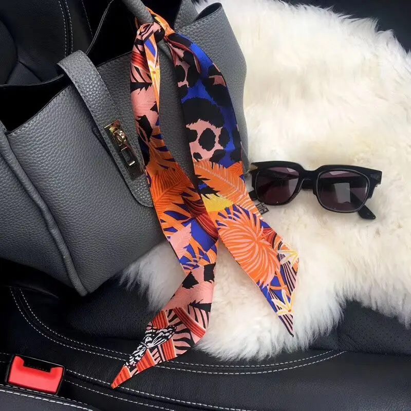 New Luxury Brand Silk Small Women Head Scarf Hair Bags Tropical rainforest Handle Decoration Tie Multifunction Hand Ribbon Scarf image 2